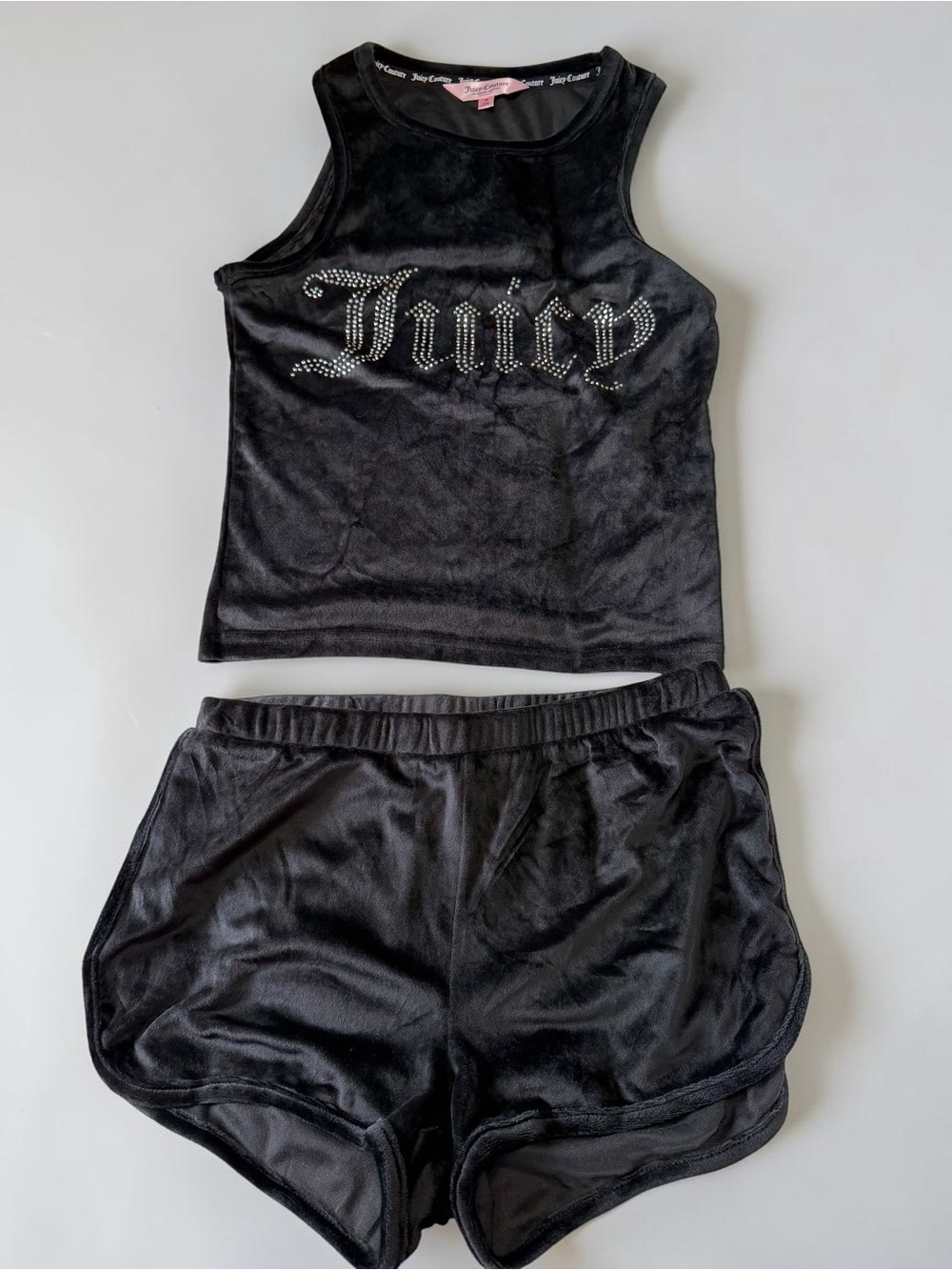Juicy Couture Black Velour Pajama Set Rhinestone Juicy Tank & Shorts Size Medium
